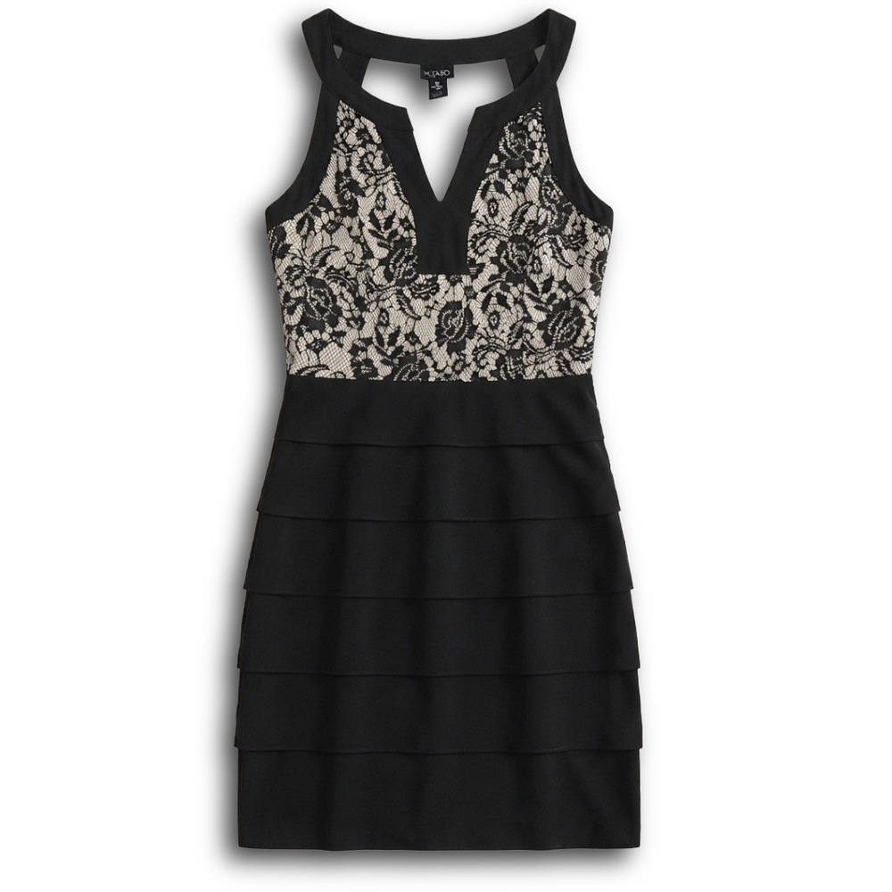 En Focus Studio Womens Black Beige Lace Tiered Ruffle Sheath Dress Size 10